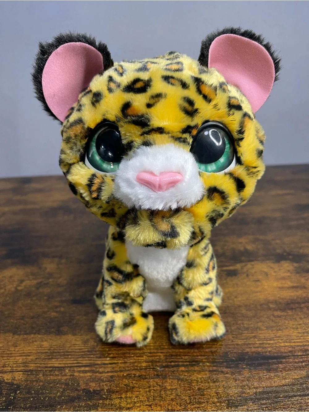 TESTED Plush Leopard Toy with Big Green Eyes and Pink Accents
